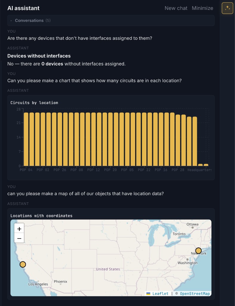 AI assistant chat showing inventory Q&A, a bar chart of circuits by location, and a map of locations with coordinates