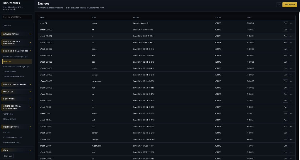 Devices list with Add device action and table columns