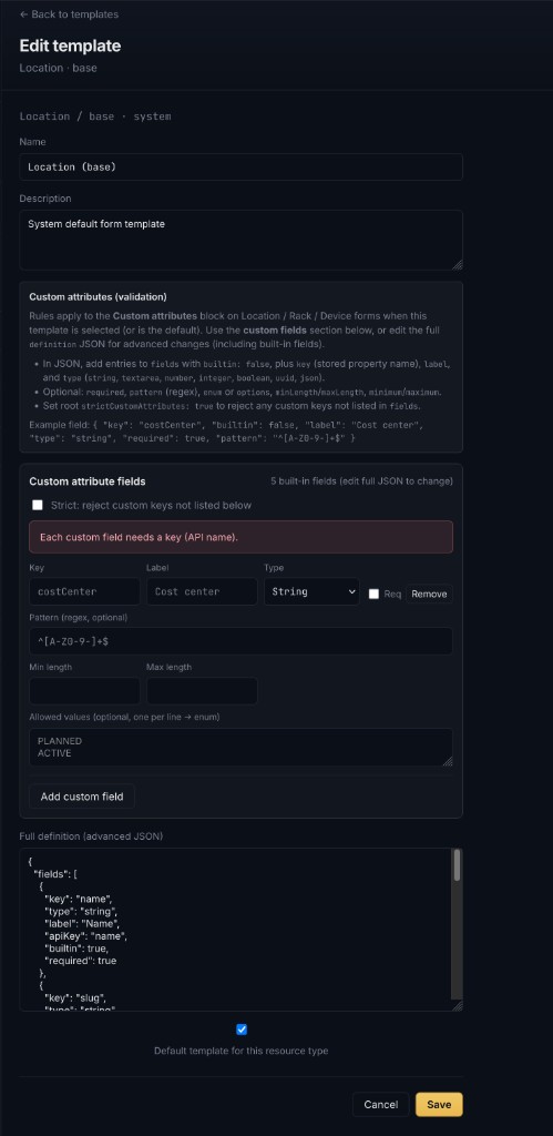 Edit object template: custom attribute field builder with regex and allowed values, plus full definition JSON