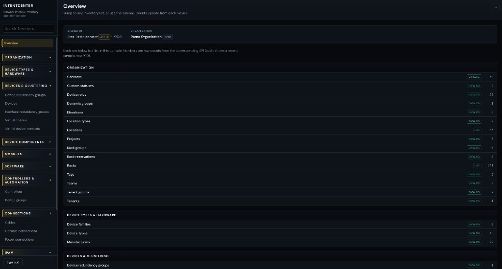 Overview dashboard with inventory counts and sidebar navigation